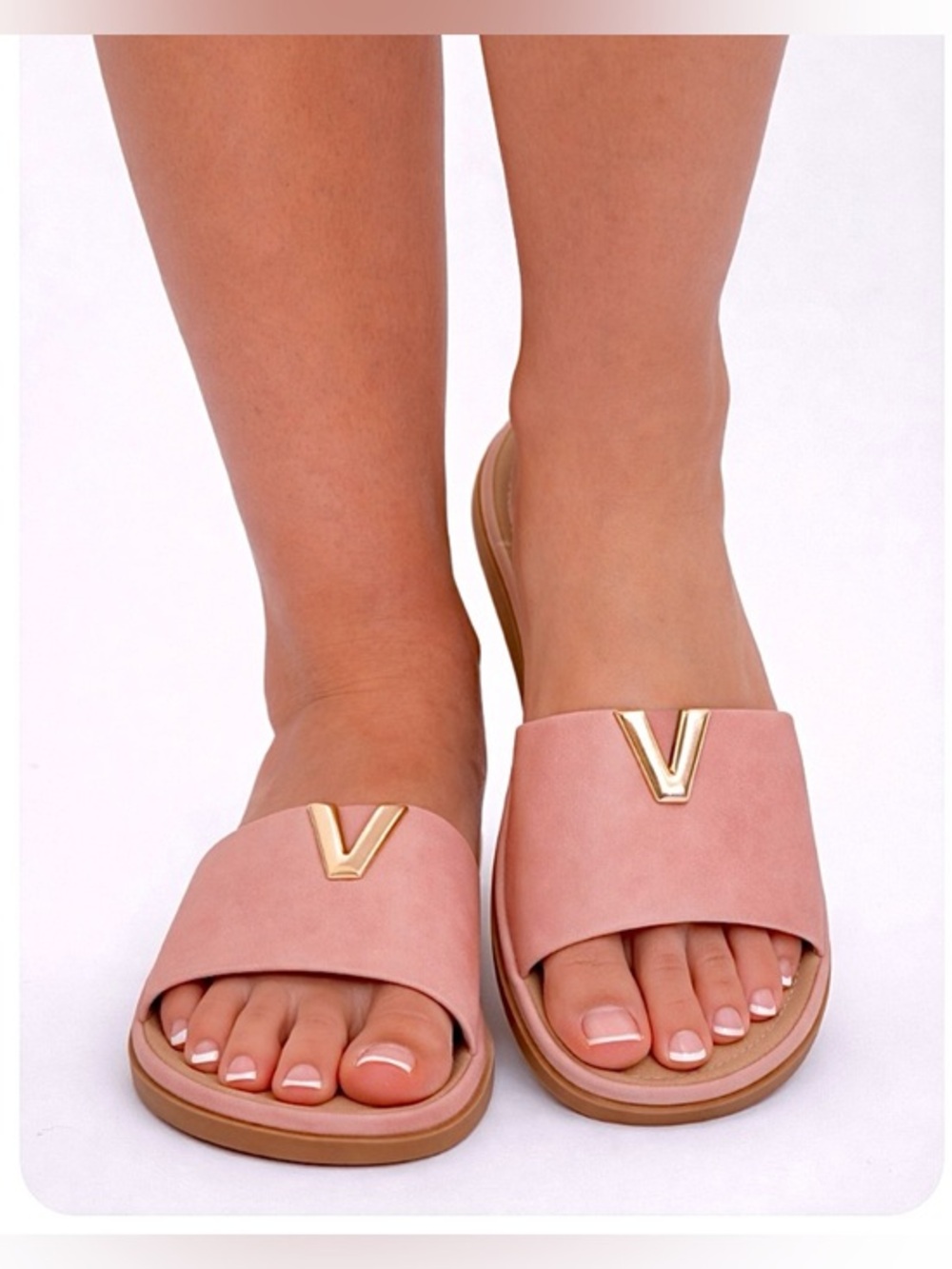 Women's Pink Slip-On Sandals w/ Gold V Toe Accent Size 11